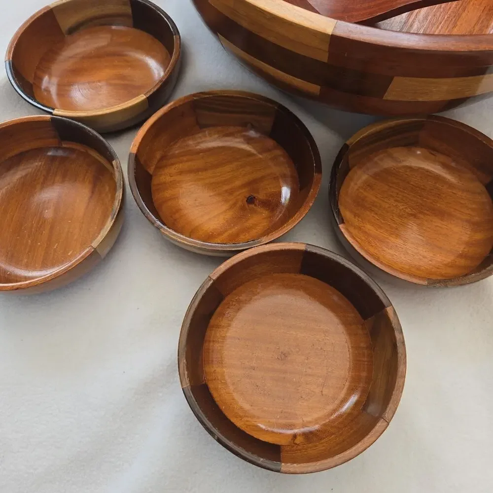 Teak Wood Bowls Set Wood 8 Piece Serving Set + Salad Bowl & Serving Utensils